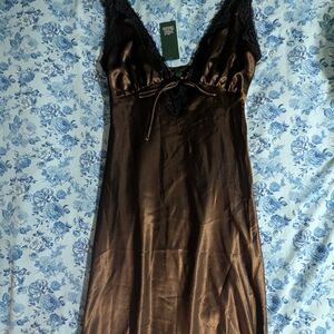 Wild Fable Brown Satin Chemise with Lace